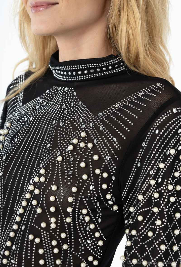 A-bee - Beaded Rhinestone Bodysuits J28396 - Black Bluser 