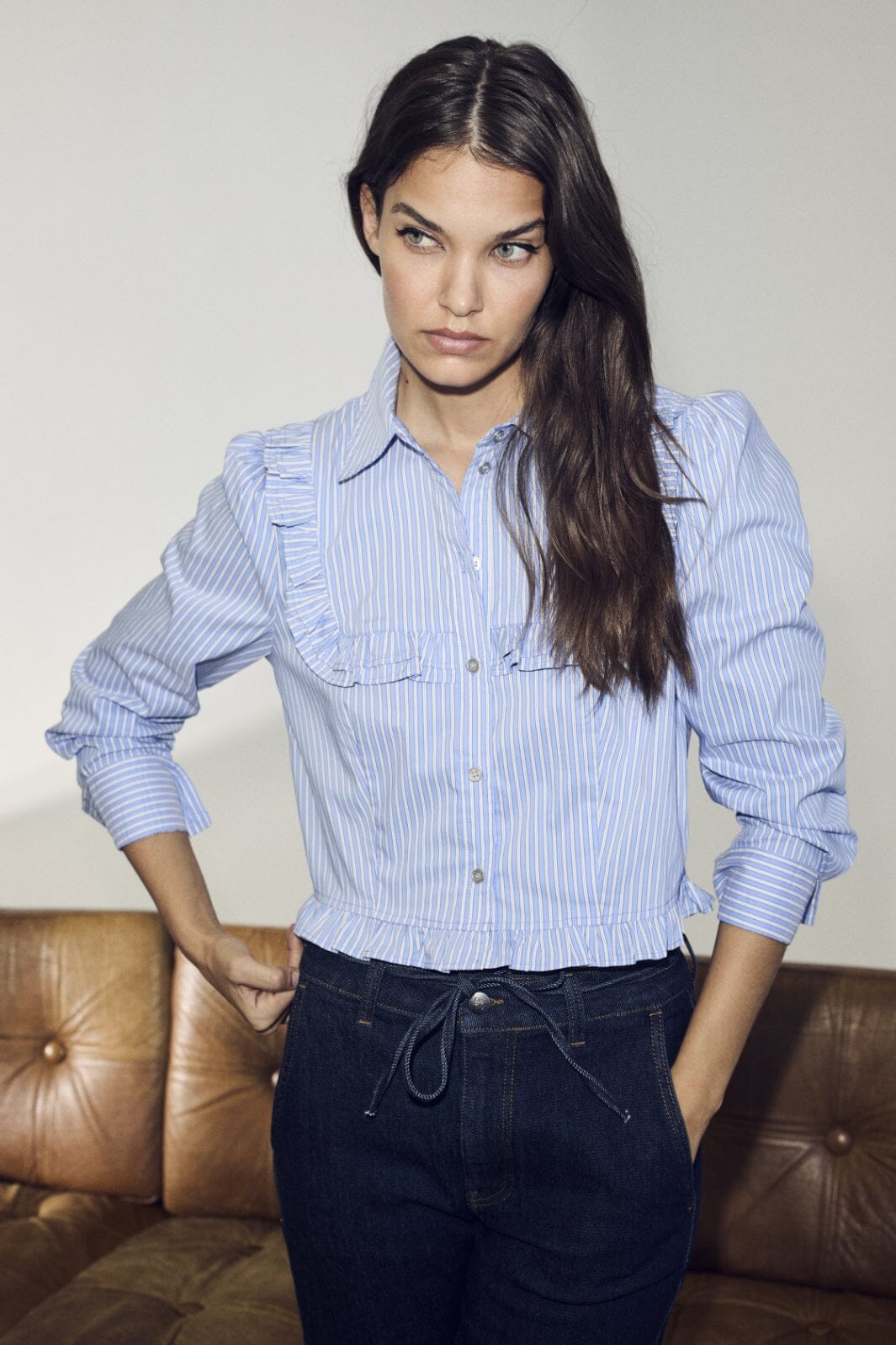 Forudbestilling - Co´couture - Addiecc Stripe Frill Shirt 35545 - 23 Pale Blue Skjorter 