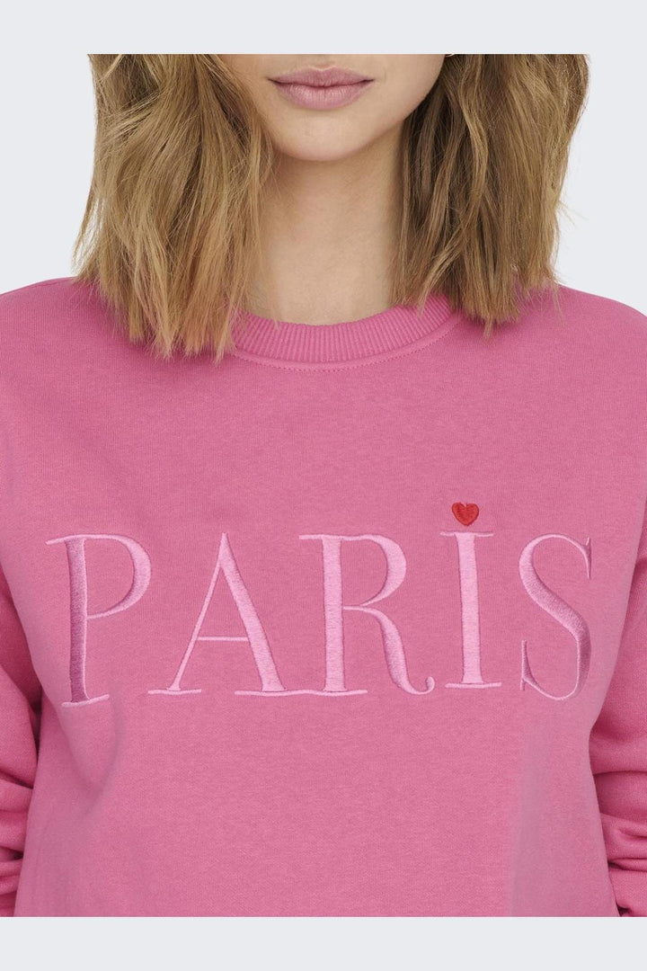 Jdy - Jdyparis L/S Emb Sweat - 4211091 Shocking Pink Paris Heart Embroidery