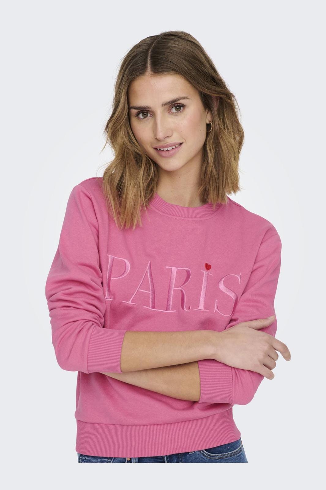 Jdy - Jdyparis L/S Emb Sweat - 4211091 Shocking Pink Paris Heart Embroidery