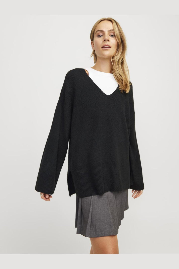 Jjxx - Jxlucca Diverse V-Neck Knit Sn - 4526558 Black /Moonbeam Neck Piping