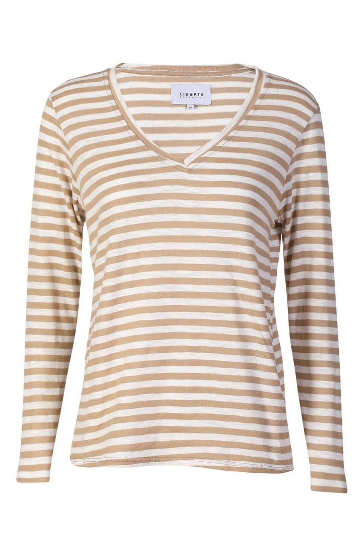 Liberte - Ulla-Ls-Vneck-Stripe-Tshirt 22160 - Sand White Stripe Bluser 