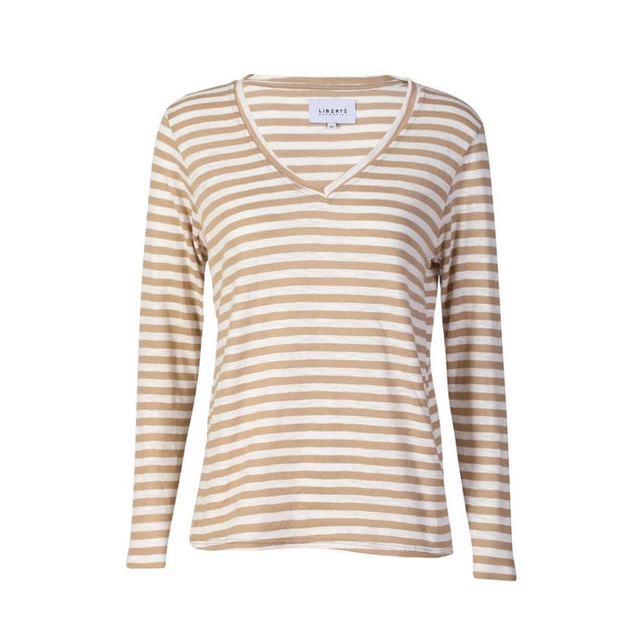 Liberte - Ulla-Ls-Vneck-Stripe-Tshirt 22160 - Sand White Stripe Bluser 