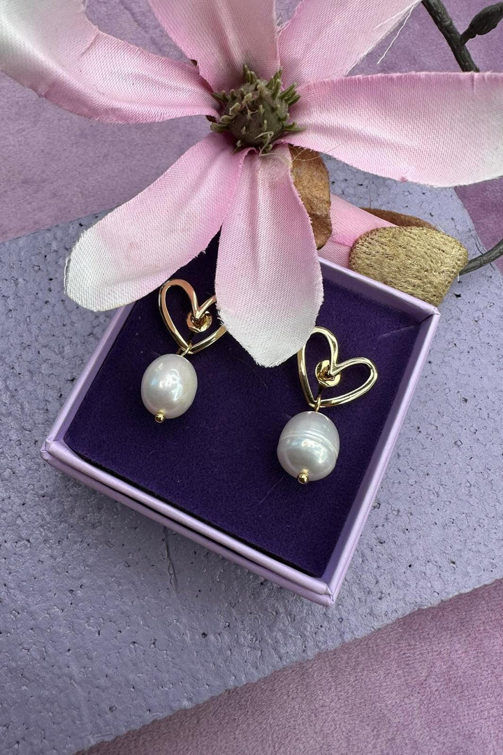 Mellow Moon - Heart And Pearl Earring - Forgyldt Øreringe 