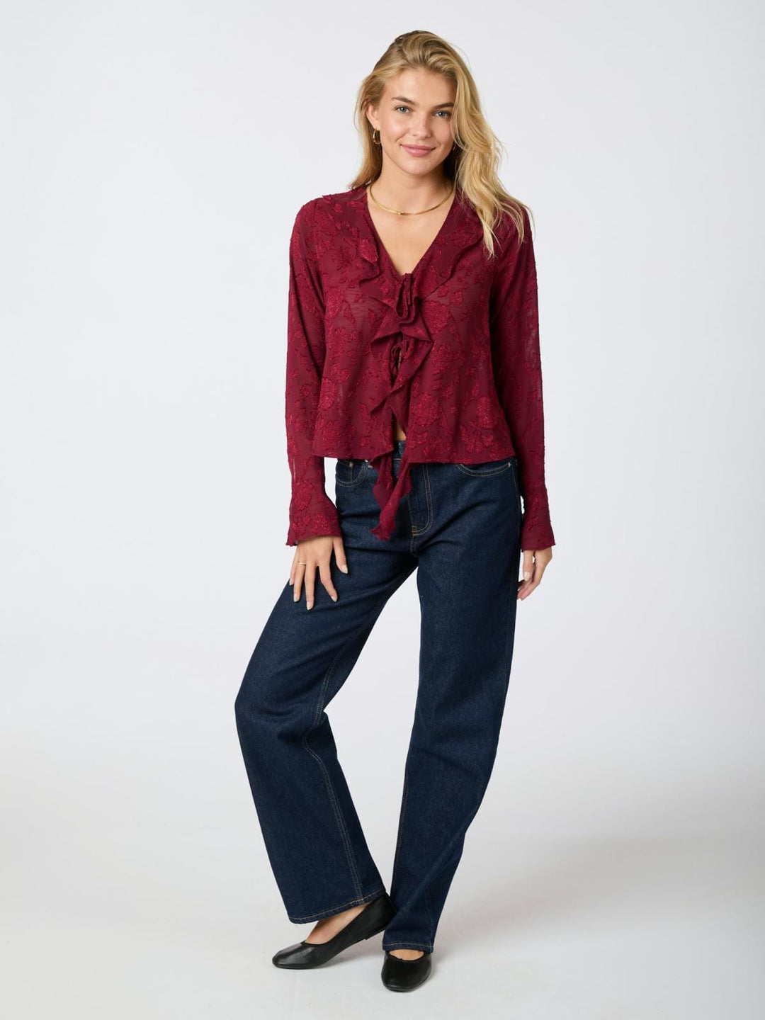 Neo Noir - Anika Burnout Blouse - Burgundy Bluser 