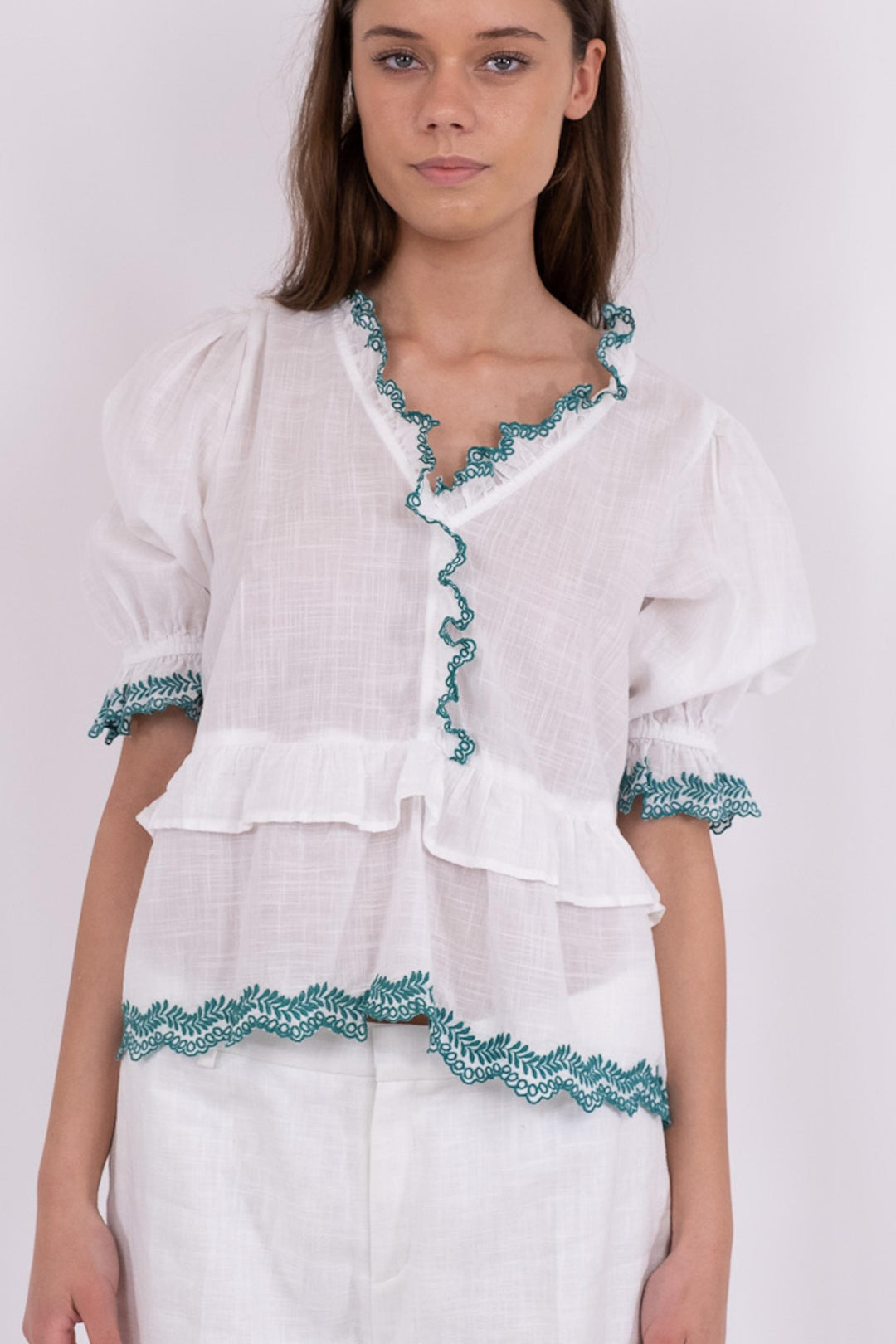 Neo Noir - Emmi Embroidery Blouse - White/Green