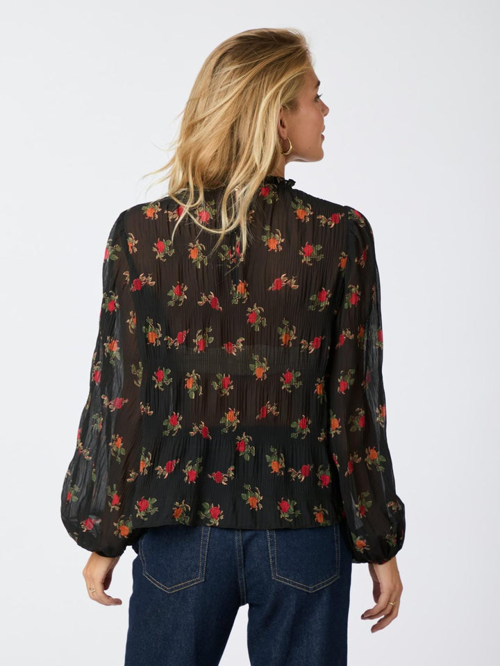 Neo Noir - Lovise Plissé Flower Blouse - Black Bluser 