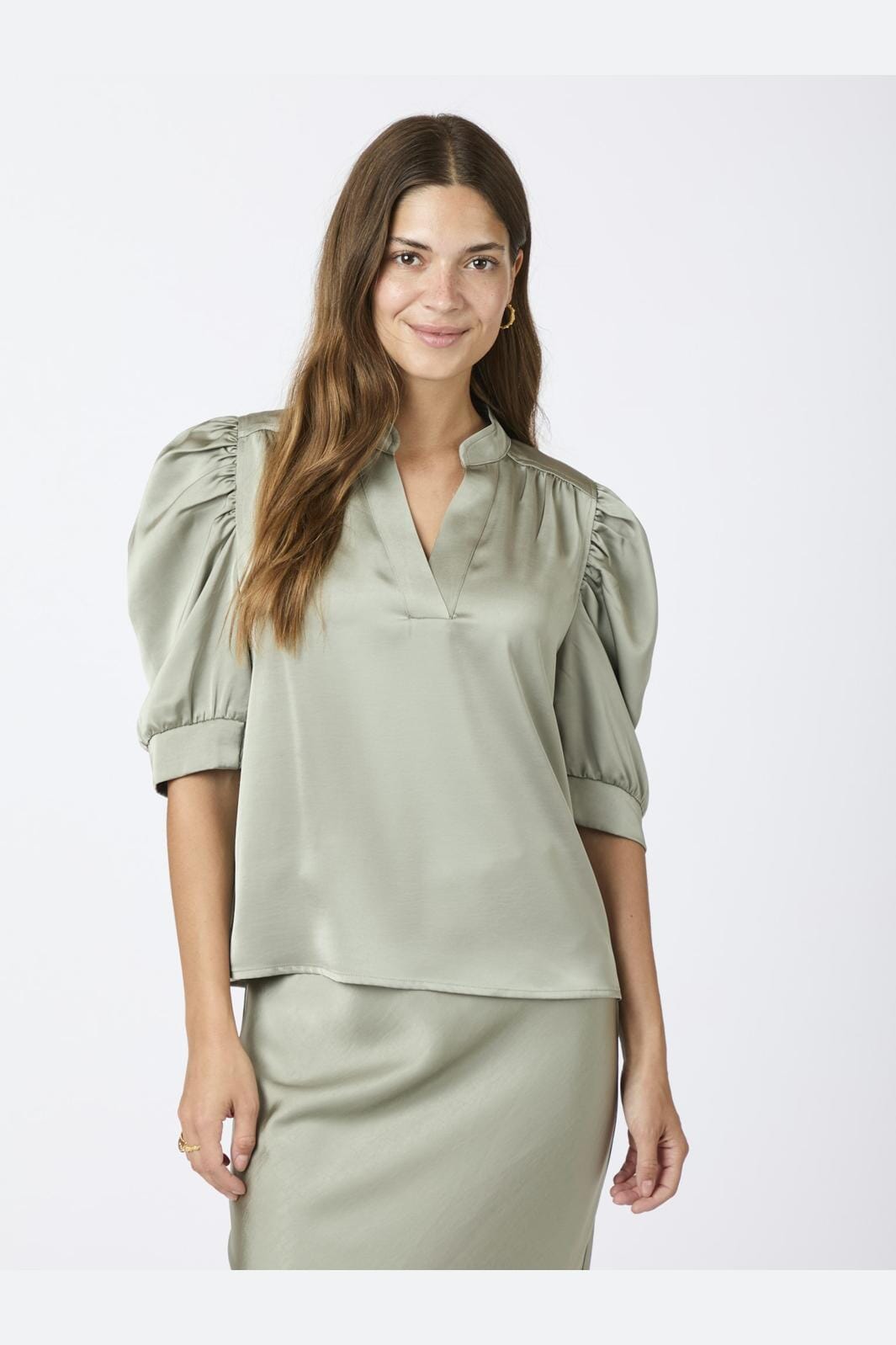 Neo Noir - Roella Heavy Sateen Blouse - Smoke Green