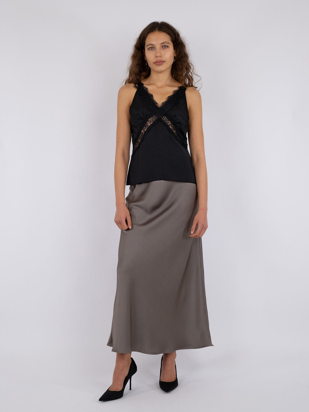 Neo Noir - Vicky Heavy Sateen Skirt - Warm Grey