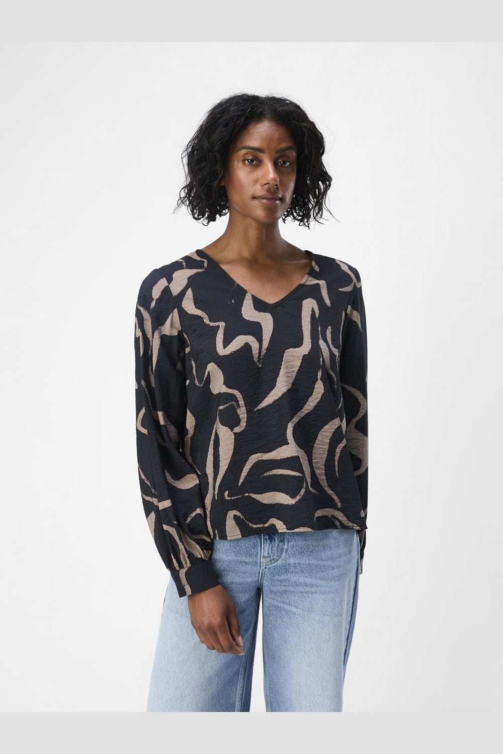 Object - Objjacira L/S V-Neck Top - 4637839 Black Desert Taupe Abstract Flower Col