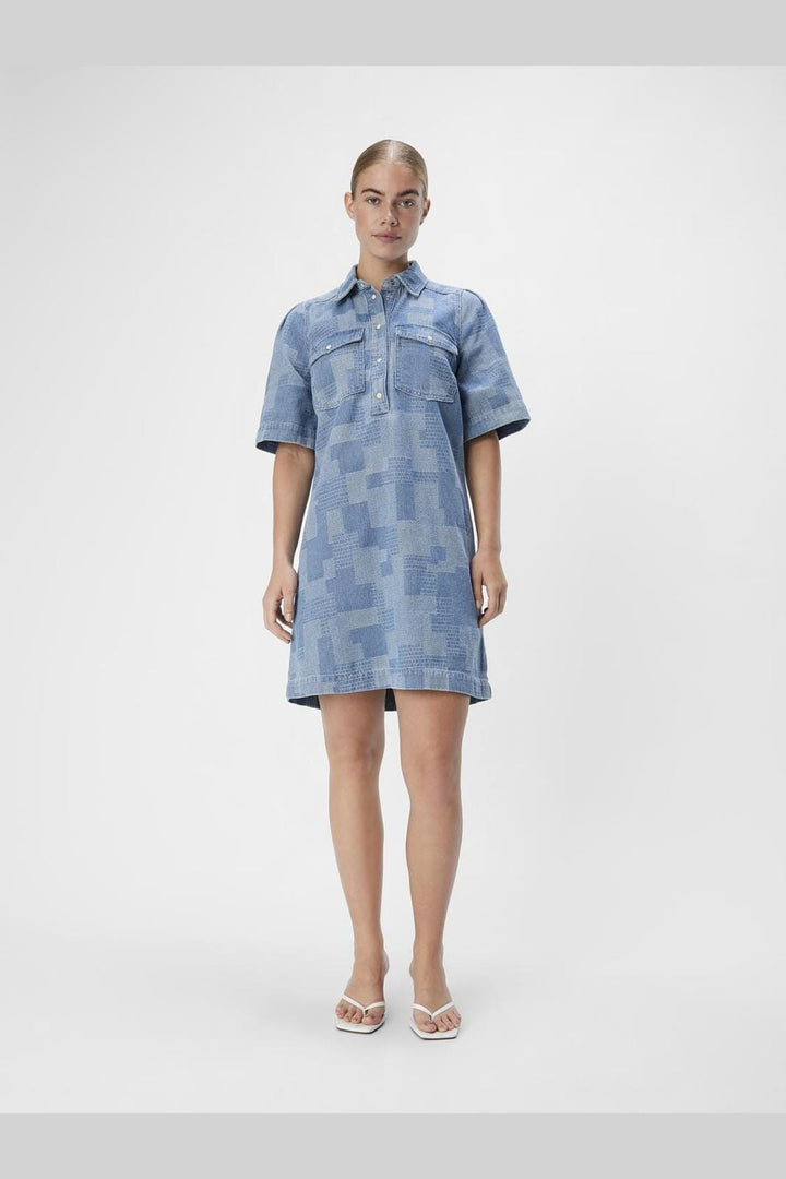 Object - Objylva 2/4 Re Shirt Dress 134 - 4565175 Light Blue Denim Squares