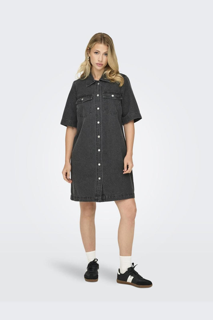 Only - Onlbelle S/S Button Dress Gua - 4717986 Washed Black