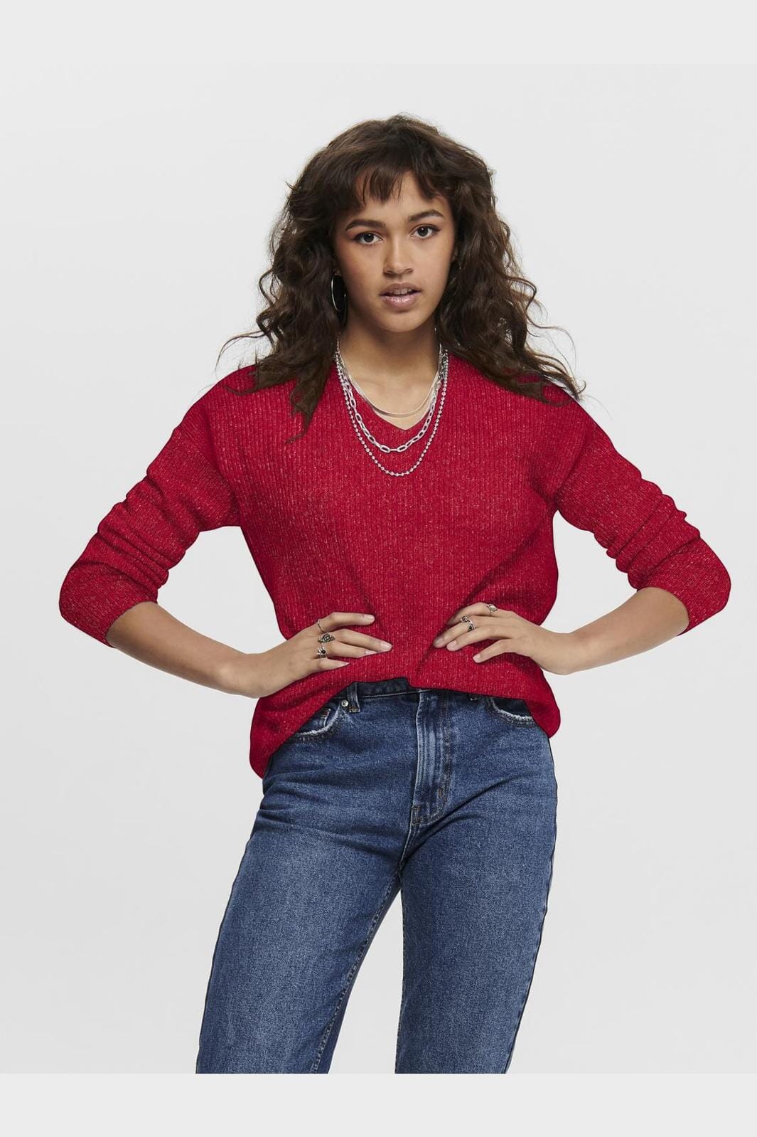 Only - Onlcamilla V-Neck L/S Pullover Knt - 4546514 True Red Melange