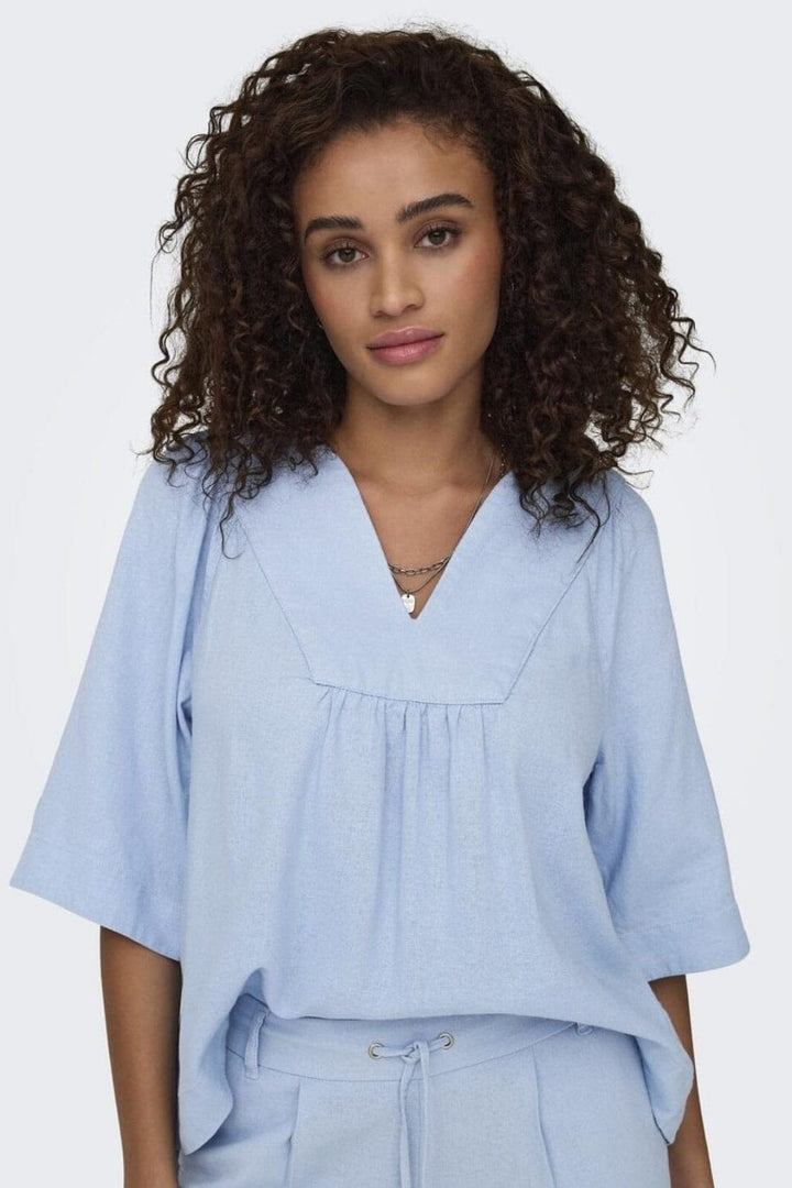 Only - Onlcaro 2/4 V-Neck Linen Bl Top Cc - 4726719 Cashmere Blue