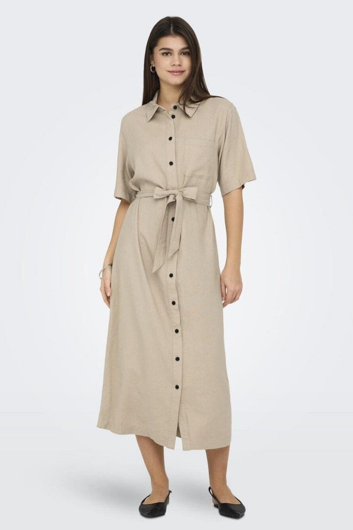 Only - Onlcaro S/S Linen Bl Belt Dress Cc - 4727101 Oxford Tan