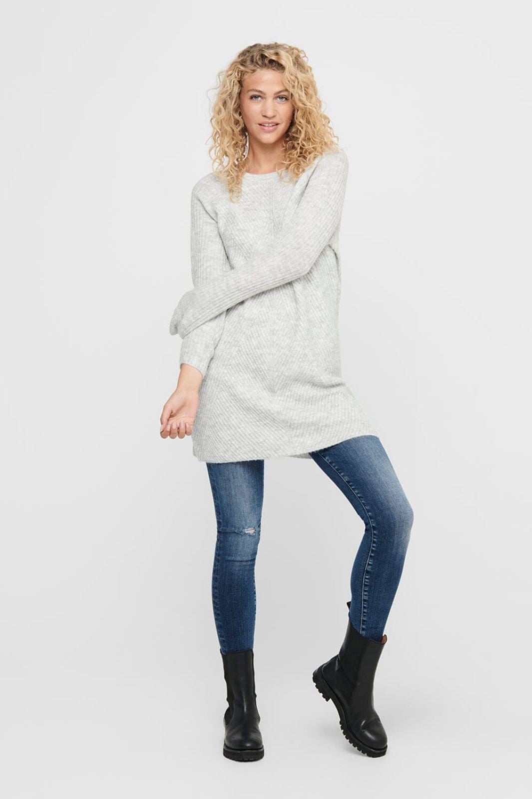 Only - Onlcarol L/S Dress Knt - 3278731 Light Grey Melange Kjoler 