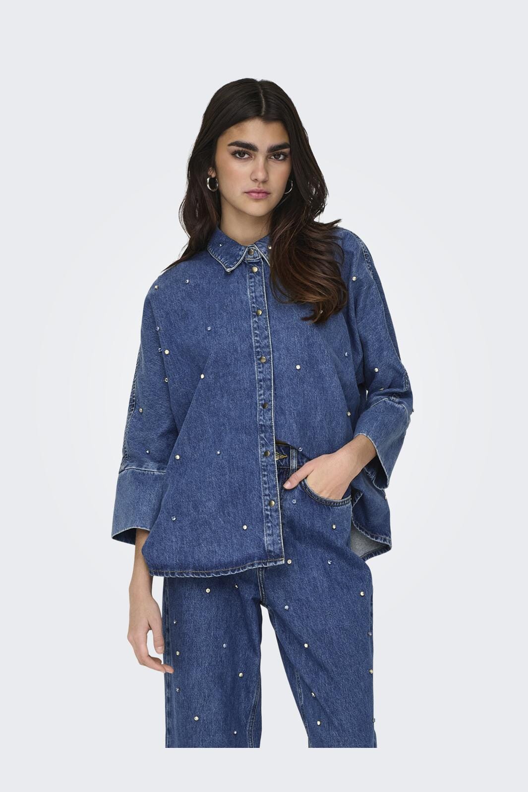 Only - Onlgrace Ls Rhinestone Shirt Cro - 4358961 Medium Blue Denim