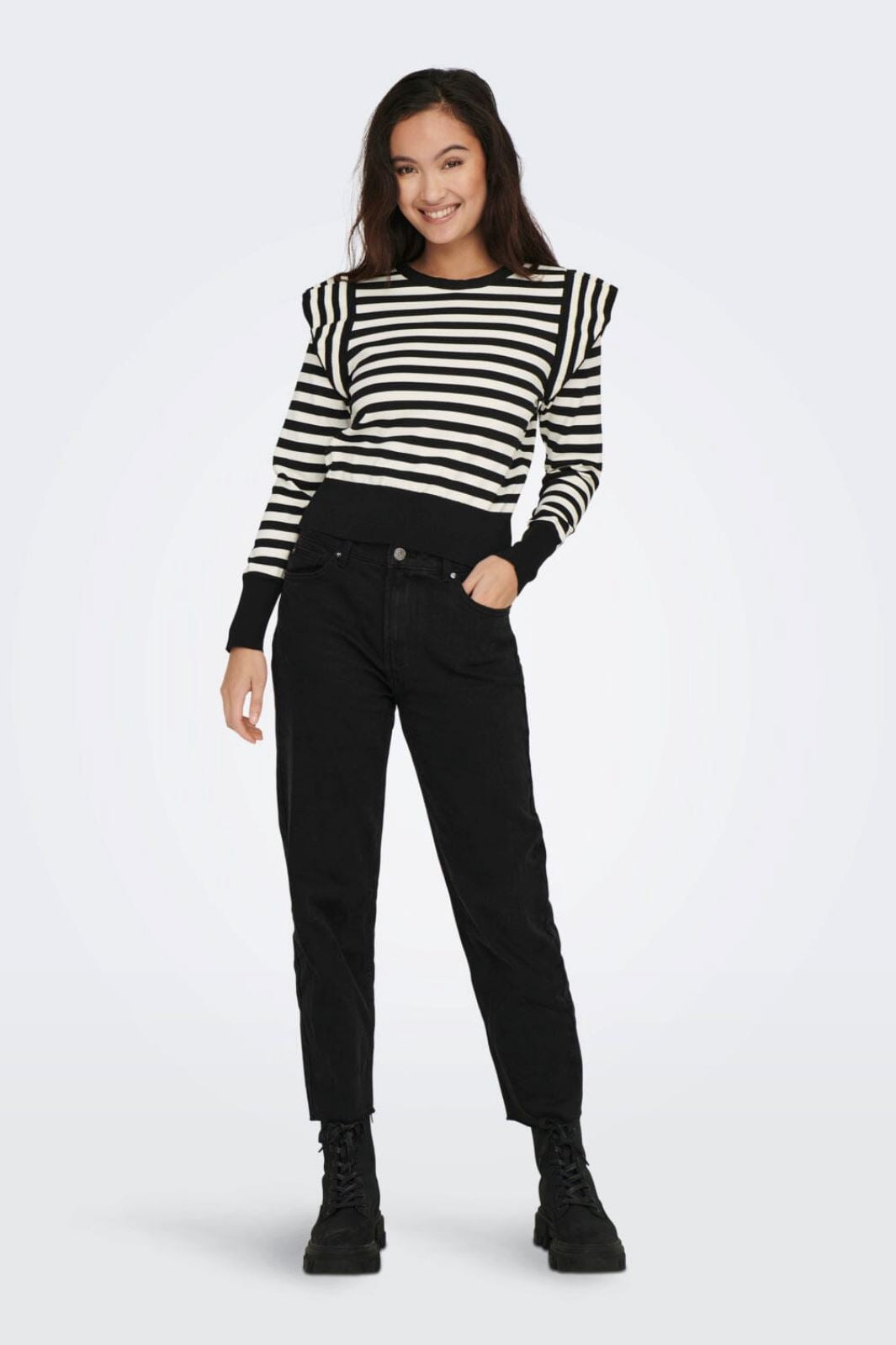 Only - Onlkelci L/S Stripe Pullover Knt - 3960043 Black Pumice Stone Strikbluser 