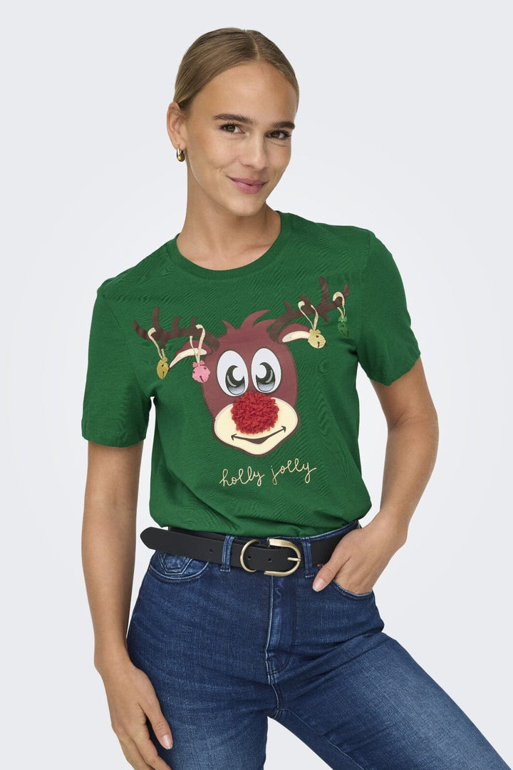 Only - Onlxmas Life Yrsa Christmas S/S Top - 4579229 Green Jacket Rudolph Bells T-shirts 