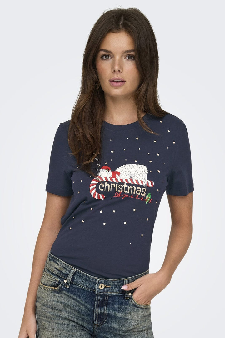 Only - Onlxmas Life Yrsa Christmas S/S Top - 4579231 Night Sky Sleeping Candycane T-shirts 