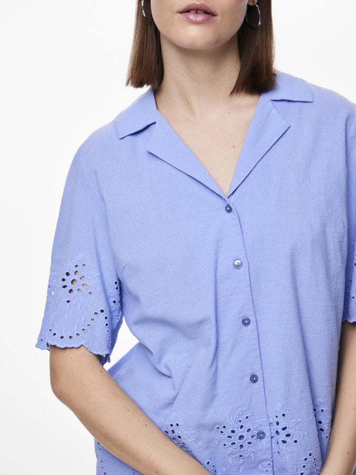 Pieces - Pcalmina Ss Embroidery Shirt - 4486677 Hydrangea Skjorter 