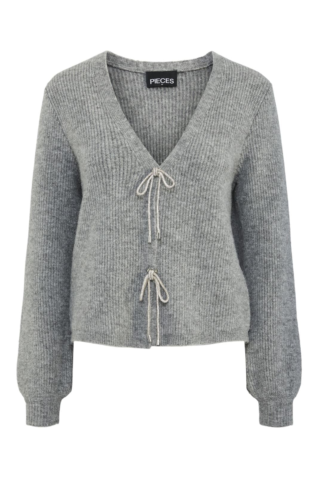 Pieces - Pcanna Glitter Bow V-Neck Cardigan - 4694724 Medium Grey Melange Silver Glitter Bow