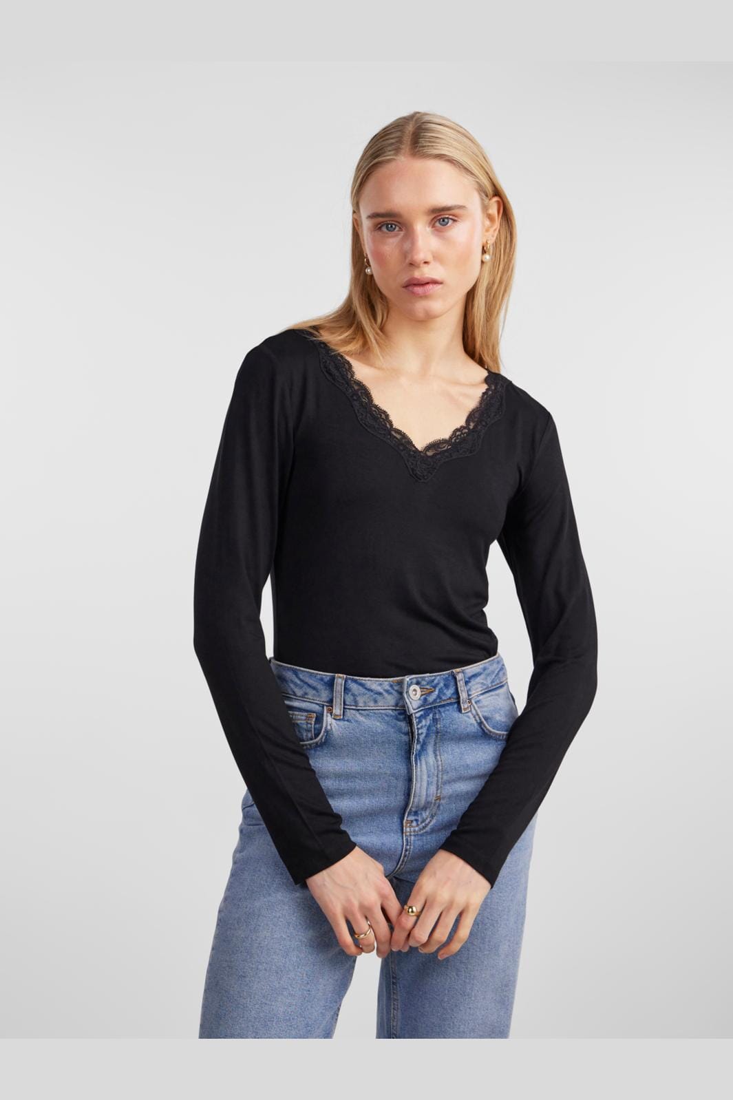 Pieces, Pcbarbera Ls Lace Top, Black