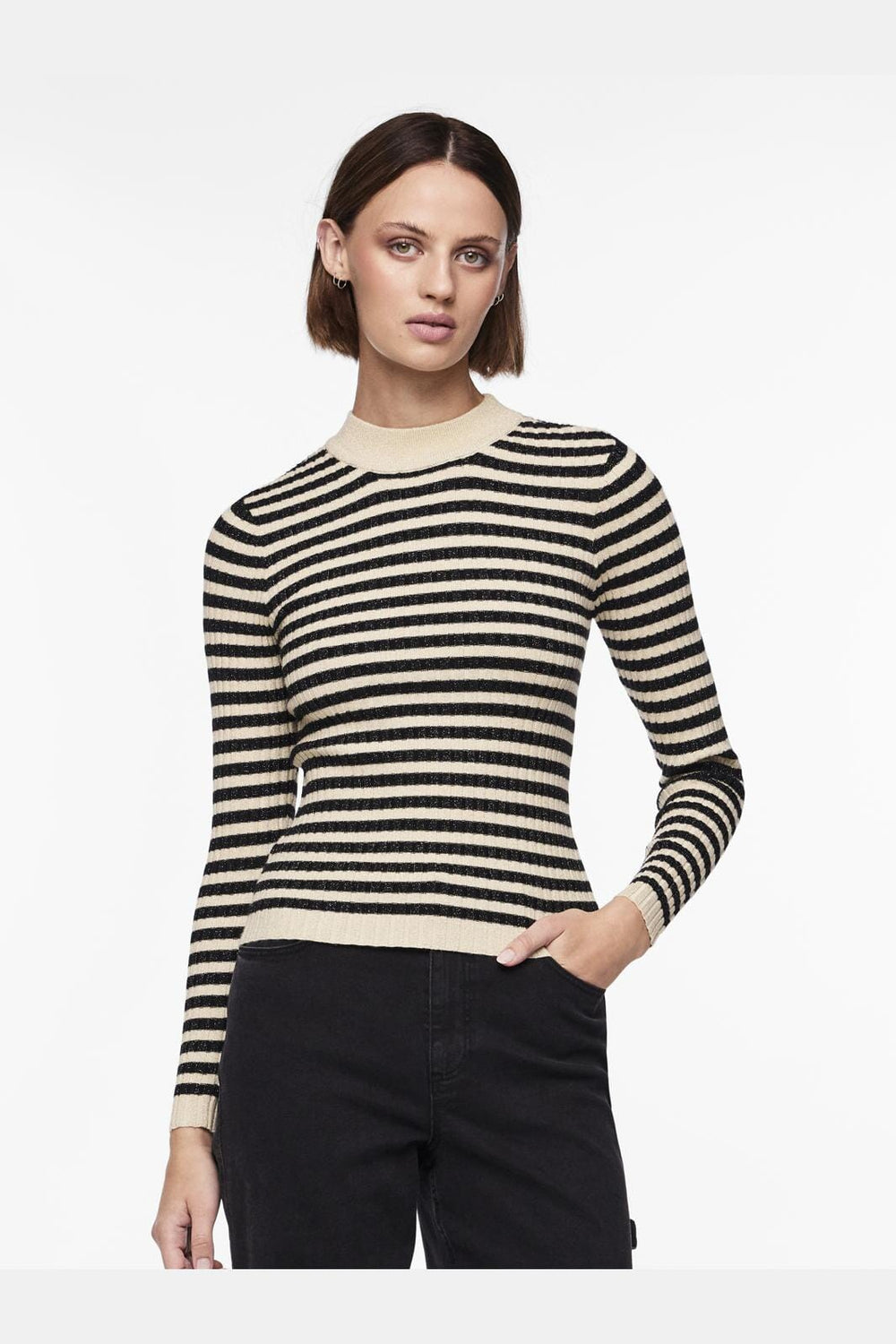 Pieces - Pccrista Ls Lurex O-Neck Knit Mm - 4546398 Birch Black Stripes / Gold Lurex