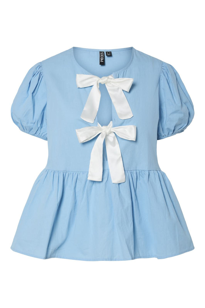 Pieces - Pcgolly Ss Bow Top - 4688606 Airy Blue Cloud Dancer Bow