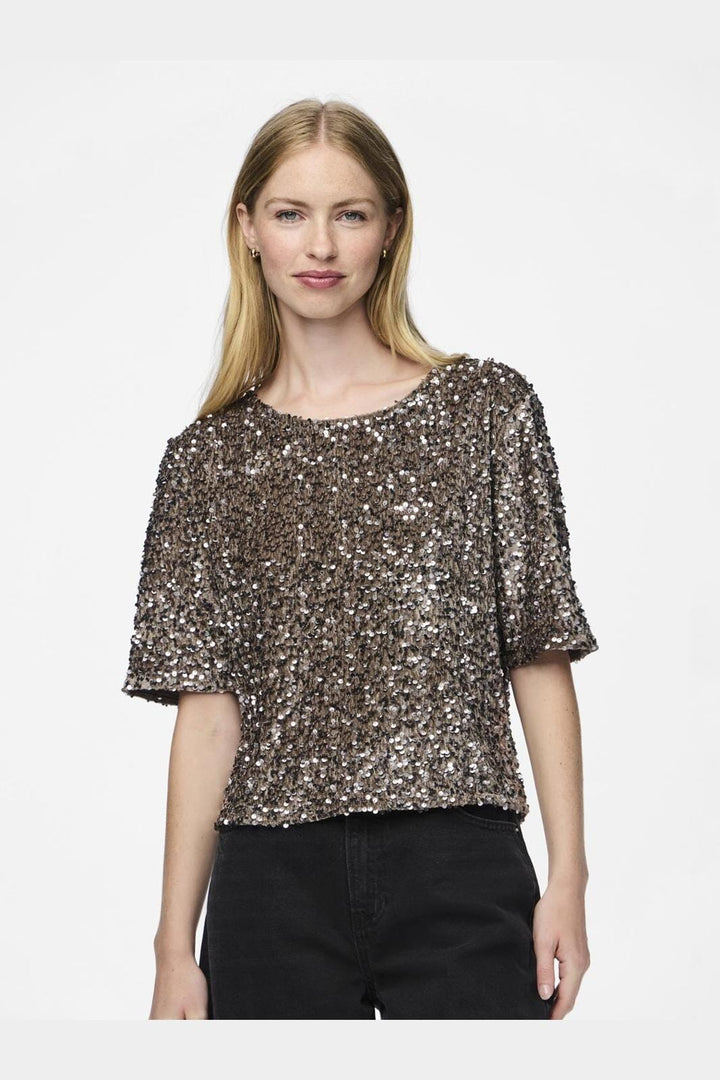 Pieces - Pckam Ss Top - 4641548 Morel Silver Sequins