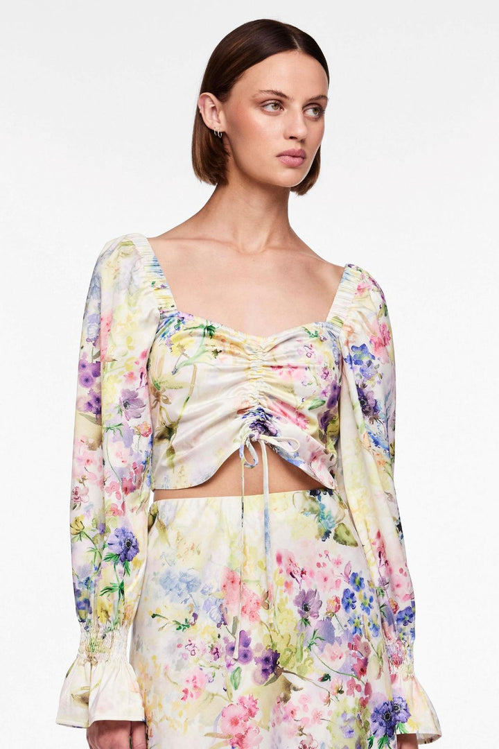 Pieces - Pcmari Ls Tie Top - 4507274 Cloud Dancer Flowers Toppe 