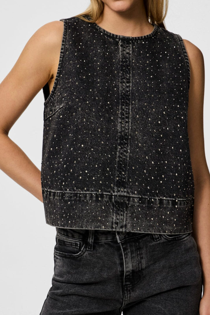 Pieces - Pcnoel Sl O-Neck Denim Top Fsy - 4831487 Black Denim Rhinestones