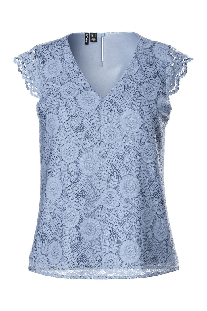 Pieces - Pcolline Sl Lace V-Neck Top 17154614 - 4737201 - Kentucky Blue