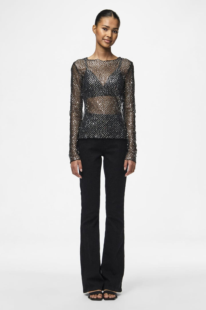 Pieces - Pcrissi Ls Sequins Top - 4610020 Black Silver Sequins Toppe 