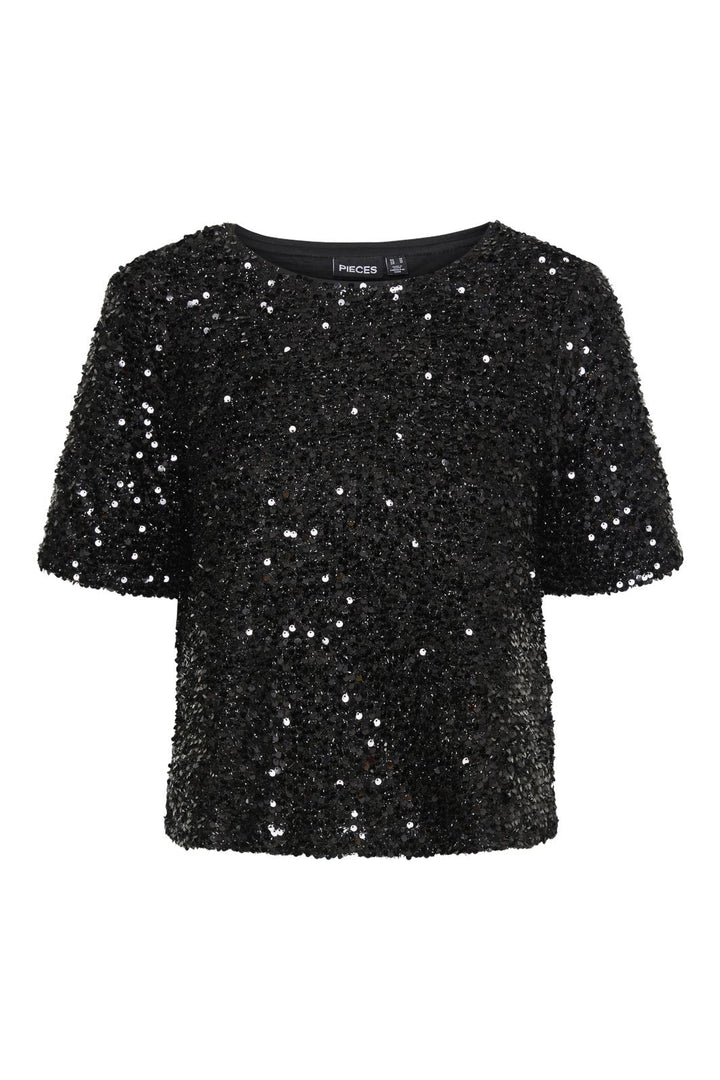 Pieces - Pcserena Sequin Ss O-Neck Top Mm - 4537226 Black Black Sequince